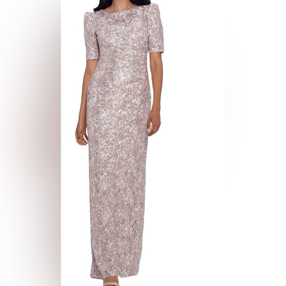 Xscape Women's Long Lace Sequin Side Ruched Dress - Picture 1 of 3